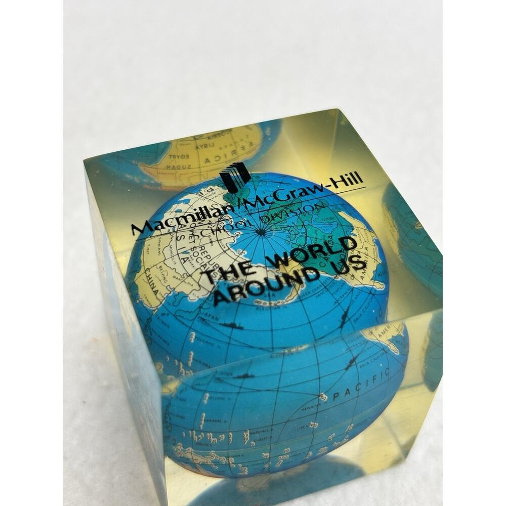 Vtg Floating Globe Lucite Acrylic World Earth Paperweight 2" Cube Advertising